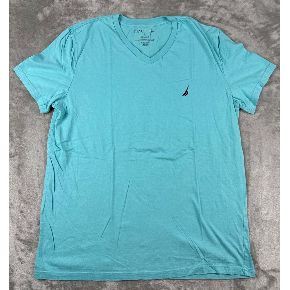 Nautica Mens Slim Fit V-Neck T-Shirt Turquoise Blue Cotton Logo Tee Large
